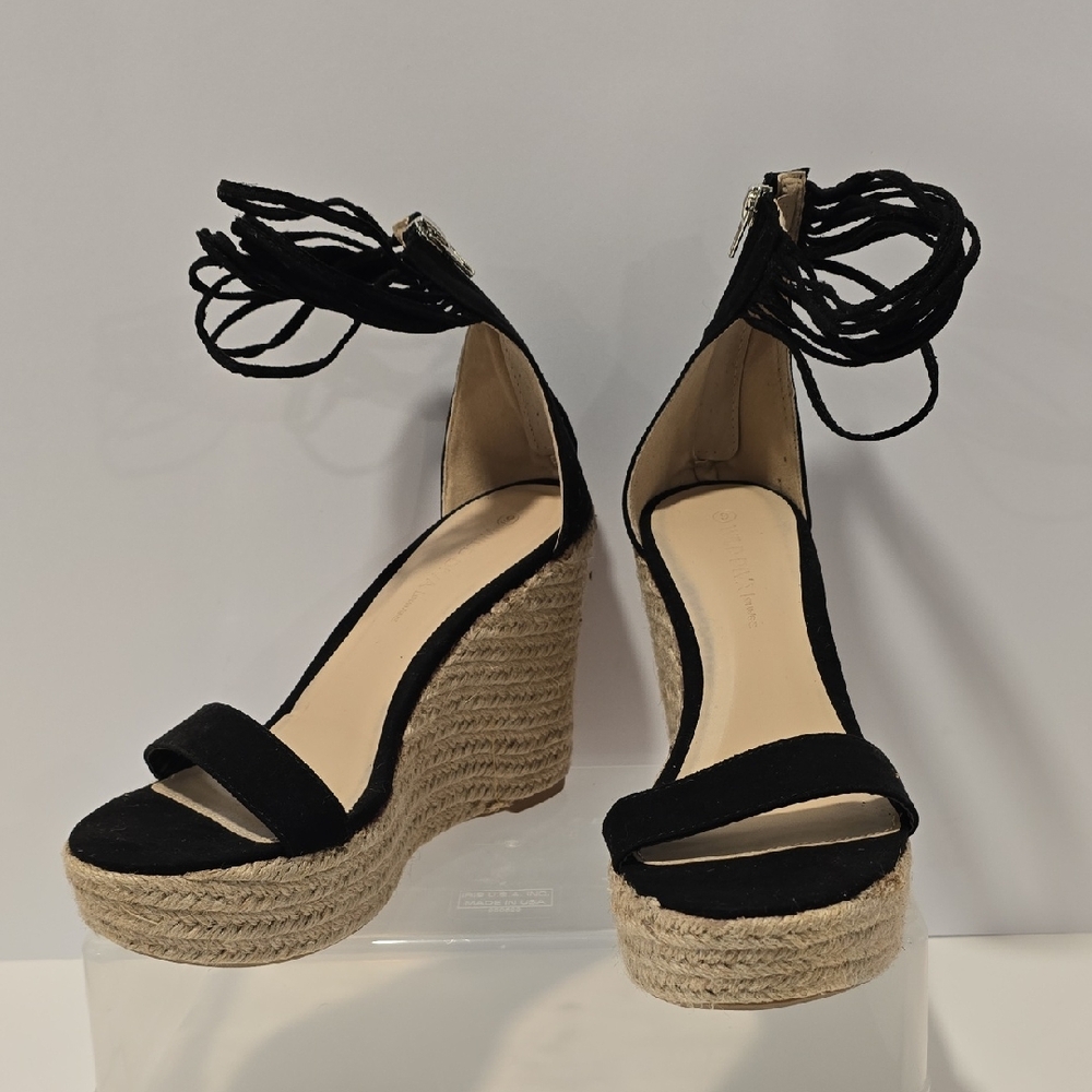 Wild Diva Black and Tan Wedge Sandals
